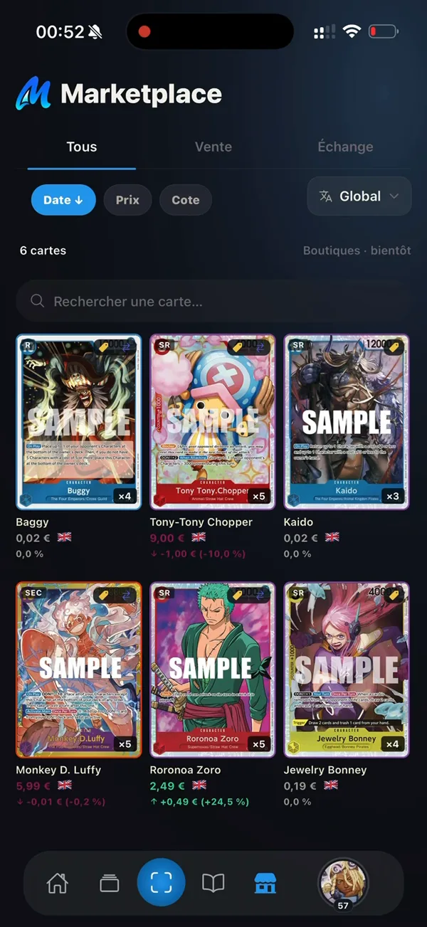 Marketplace MerryTCG : catalogue de cartes avec les filtres Tous, Vente et Échange.