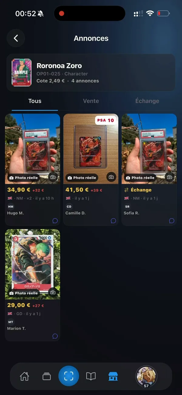 Annonces d’une carte Roronoa Zoro, avec photos, prix, état et collectionneurs.