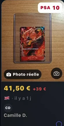 Exemple d’annonce : une carte gradée PSA 10 proposée à 41,50 €.